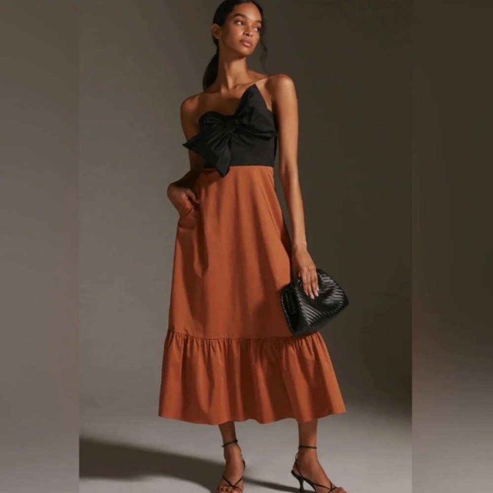 Anthropologie Hutch Strapless Bow‎ Tie Maxi Dress Black Copper Size 00
